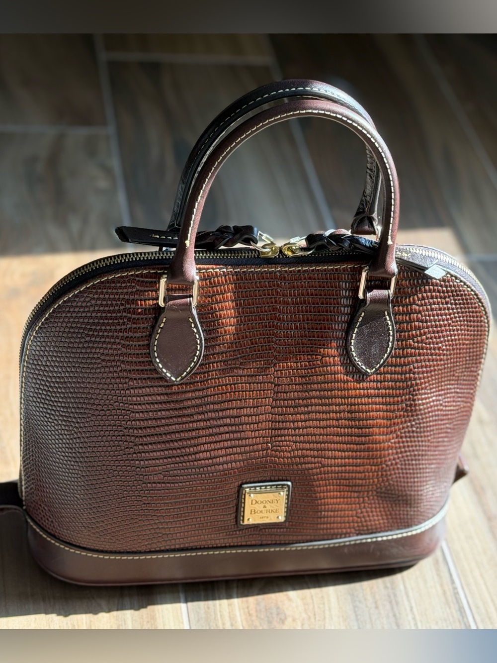 Dooney & Bourke Zip Zip Satchel in Brown Tmoro Embossed Leather (Lizard)